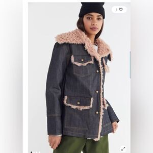 Women's Denim Jacket with Pink Faux Fur Trim